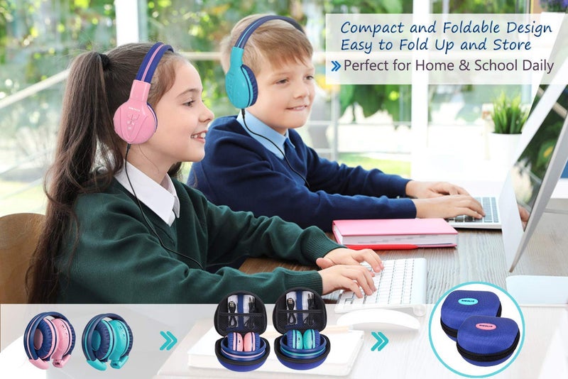SIMOLIO 2 Pack Wireless Bluetooth Kids Headphone with Hard Case & Volume Limited, Over-Ear Wireless Headphones for Kids, Girls, Boys, School,Travel (Mint,Pink) - Image 5